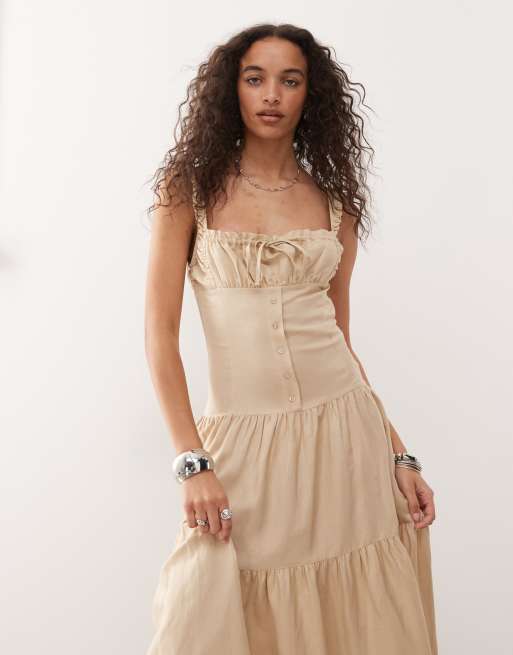 Lioness – Heart Shaped – Gestuftes Leinenmix-Maxikleid im Milchmädchen-Design in Beige mit Knopfleiste, 3 von 4