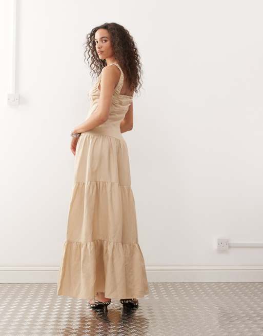 Lioness – Heart Shaped – Gestuftes Leinenmix-Maxikleid im Milchmädchen-Design in Beige mit Knopfleiste, 4 von 4