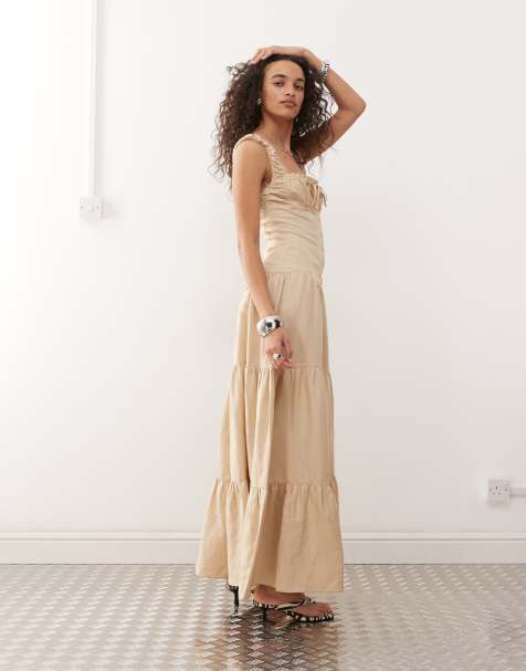 Lioness Heart Shaped linen blend milkmaid button detail tiered maxi dress in beige - view 1