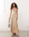 [Lioness] Lioness Heart shaped linen blend milkmaid button detail tiered maxi dress in beige-Neutral XL BEIGE