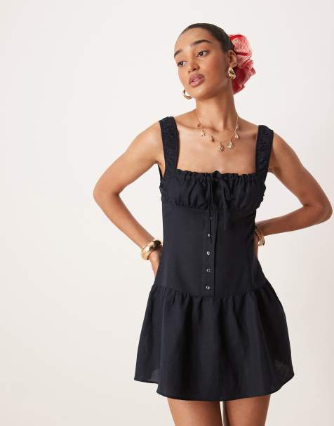 Lioness Heart Shaped linen blend milkmaid tie front button detail gathered skirt mini dress in navy - view 1