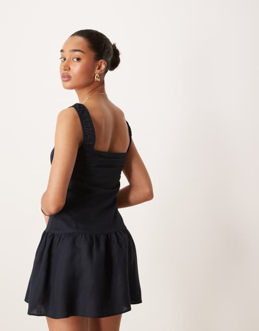 Lioness Heart Shaped linen blend milkmaid tie front button detail gathered skirt mini dress in navy