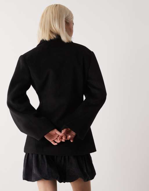 Lioness heart shaped wool touch double breasted cinched waist barrel sleeve coat in black