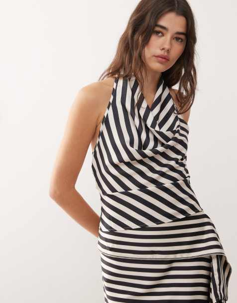 Lioness – Heritage – Gestreiftes Neckholder-Top in Schwarz und Cremeweiß mit Wasserfallausschnitt und Rückenausschnitt, Kombiteil - view 1