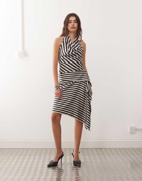 Lioness Heritage halter cowl neck top and foldover midi skirt set in black and cream stripe - view 1