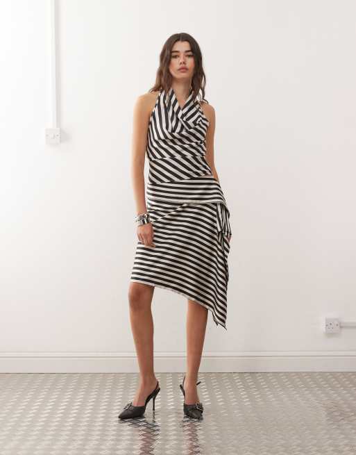 Lioness Heritage halter cowl neck top and foldover midi skirt set in black and cream stripe