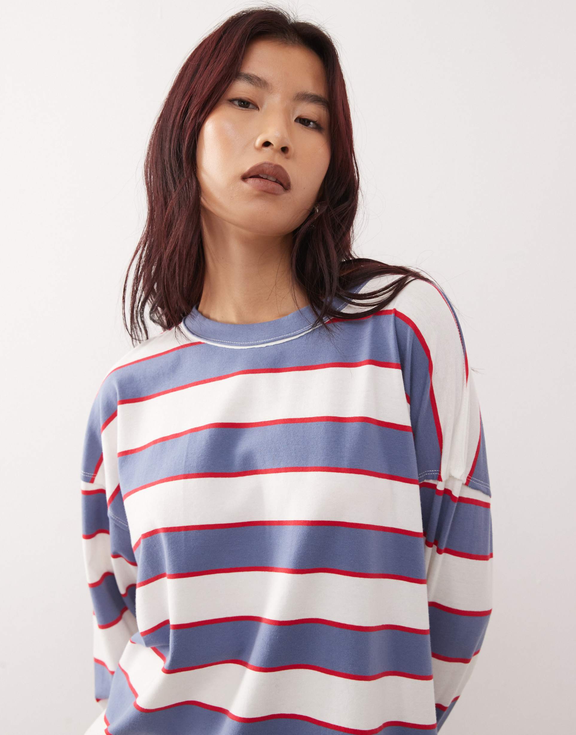 lioness horizon cotton rich crew neck long sleeve oversized t-shirt in blue and red stripe