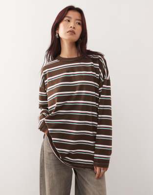 Lioness Lioness Horizon cotton rich crew neck long sleeve oversized t-shirt in chocolate and blue stripe-Brown