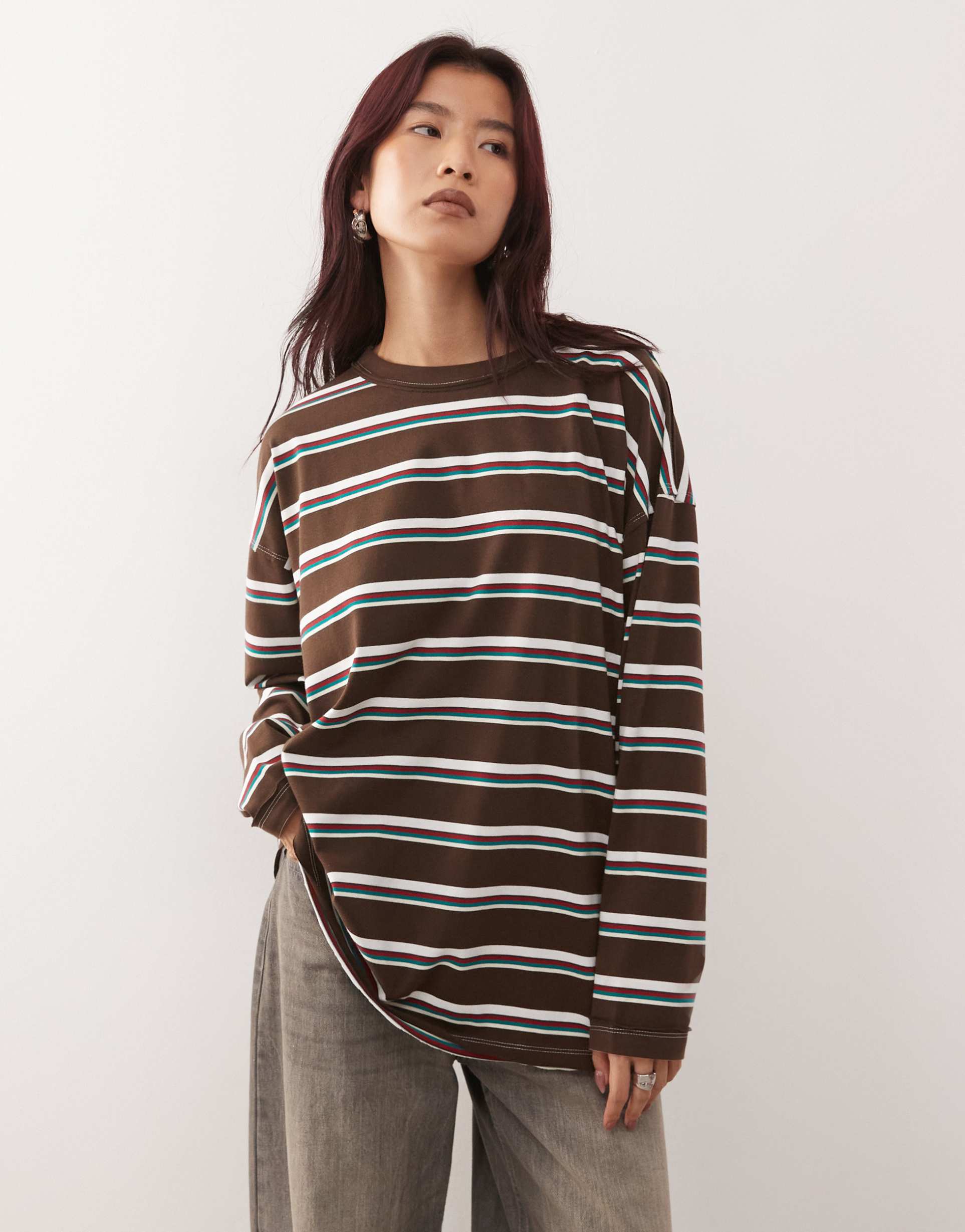 lioness horizon cotton rich crew neck long sleeve oversized t-shirt in chocolate and blue stripe