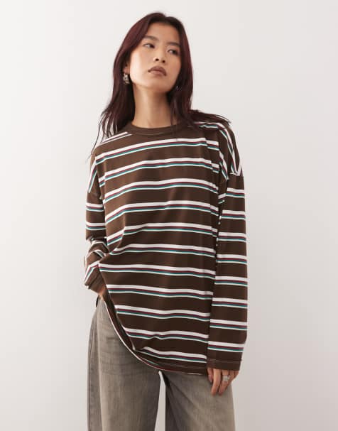 Lioness Horizon cotton rich crew neck long sleeve oversized t-shirt in chocolate and blue stripe
