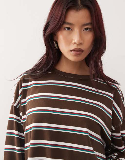 Lioness Horizon cotton rich crew neck long sleeve oversized T-shirt in chocolate and blue stripe, 2 of 4