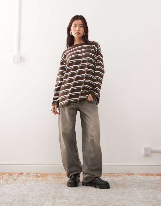 Lioness Horizon cotton rich crew neck long sleeve oversized T-shirt in chocolate and blue stripe, 3 of 4