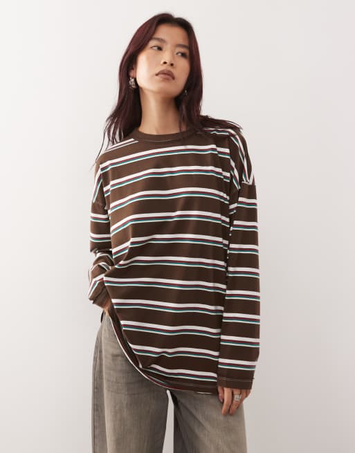 Lioness Horizon crew neck long sleeve oversized t-shirt in chocolate and blue stripe