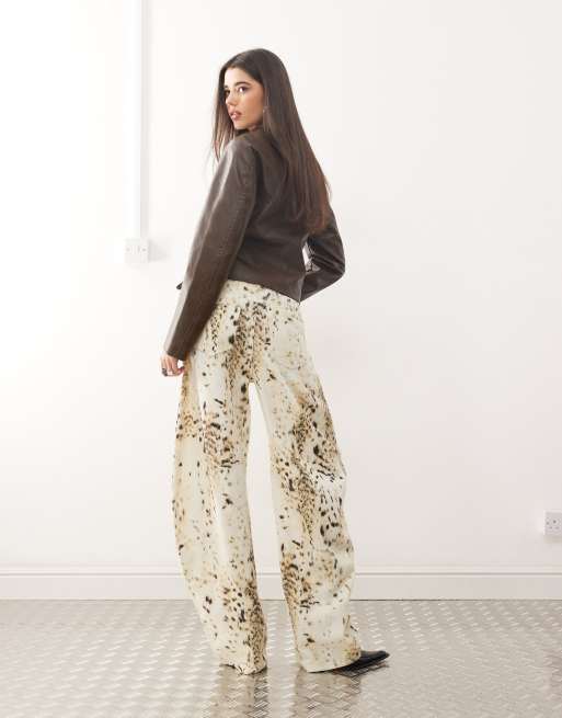 Lioness Horseshoe barrel leg jeans in ecru snow leopard print