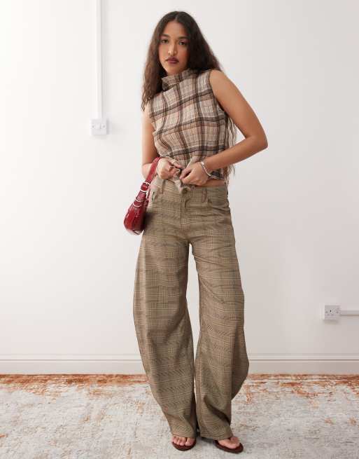 Lioness horseshoe barrel leg jeans in mocha plaid - part of a set