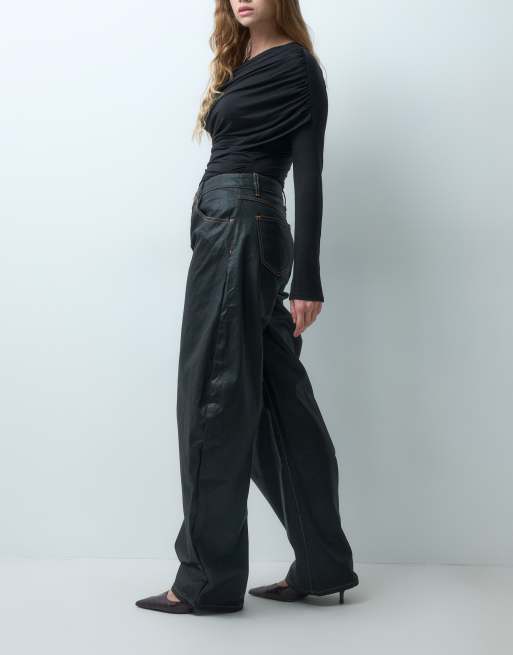 Lioness Horseshoe barrel leg waxed denim jean in dark blue, 3 of 5