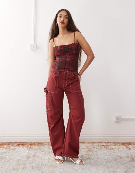 Lioness Humphrey 90s square neck bow tie shoulder cami top and lowrise pocket detail wide leg jeans co-ord in burgundy - view 1