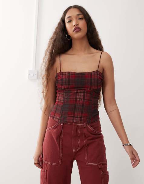 Lioness humphrey 90s square neck bow tie shoulder cami top in burgundy check (part of a set) - view 1