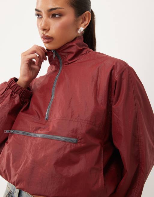 Lioness Ibiza leather look funnel neck contrast zip windbreaker jacket in burgundy, 3 of 4