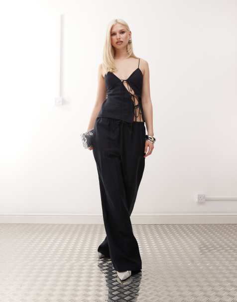 Lioness - Idyllic - Coordinato in misto lino blu navy con pantaloni con fondo ampio allacciati in vita e top - view 1