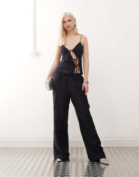 Lioness Idyllic linen blend tie waist wide leg trousers co-ord in navy