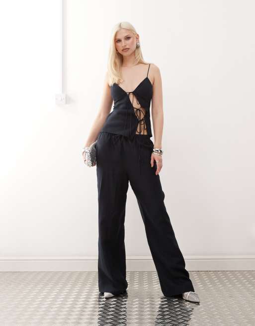 Lioness – Idyllic – Hose aus Leinenmix in Marineblau mit weitem Bein und Tunnelzugband, Kombiteil