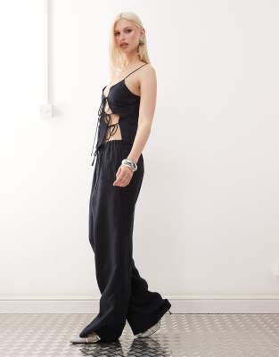 Lioness Idyllic Linen Blend Tie Waist Wide Leg Pants In Black