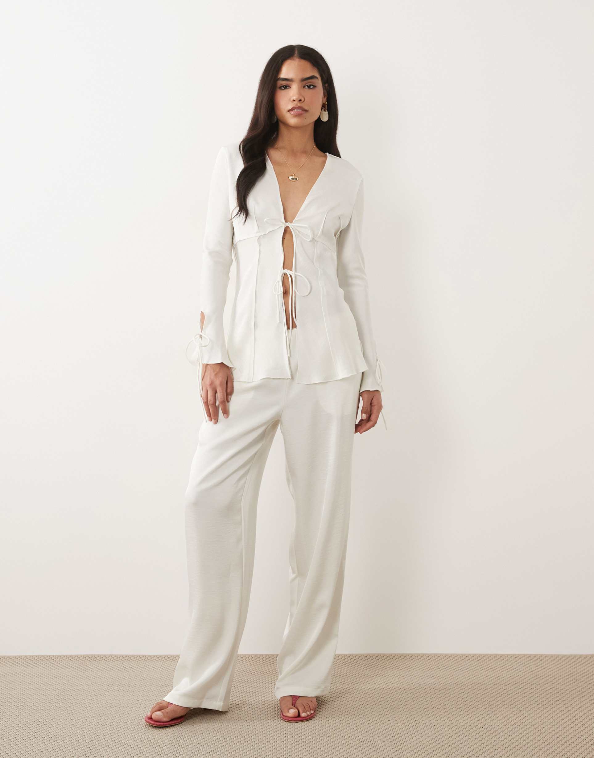 lioness in bloom satin low rise relaxed leg pants in porcelain - part of a set
