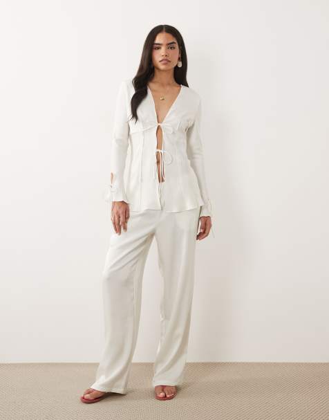 Lioness In Bloom satin low rise relaxed leg trousers co-ord in porcelain   - view 1