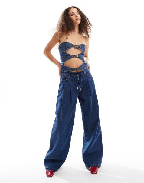 Lioness - Jean baggy d'ensemble à taille basse et liens avec pinces devant - Bleu foncé délavé - view 1