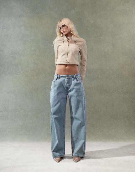Lioness - Jeans a fondo ampio a vita bassa regolabili blu lavaggio chiaro