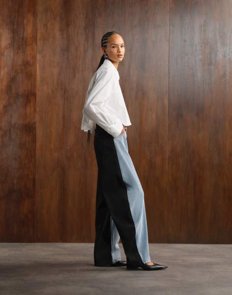 Lioness - Jeans i blåt/sort kontrastdesign med hestesko-form og barrel-ben - view 1