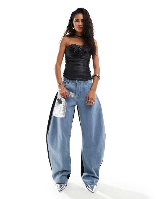 Lioness - Jeans met wijde toelopende pijpen in contrasterend zwart en blauw