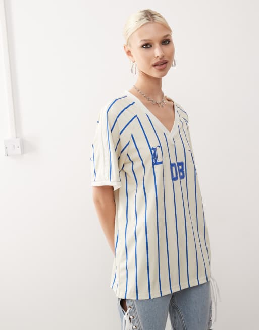Lioness - Jerseytop met V-hals en strepen in blauw en crème, deel van co-ord set
