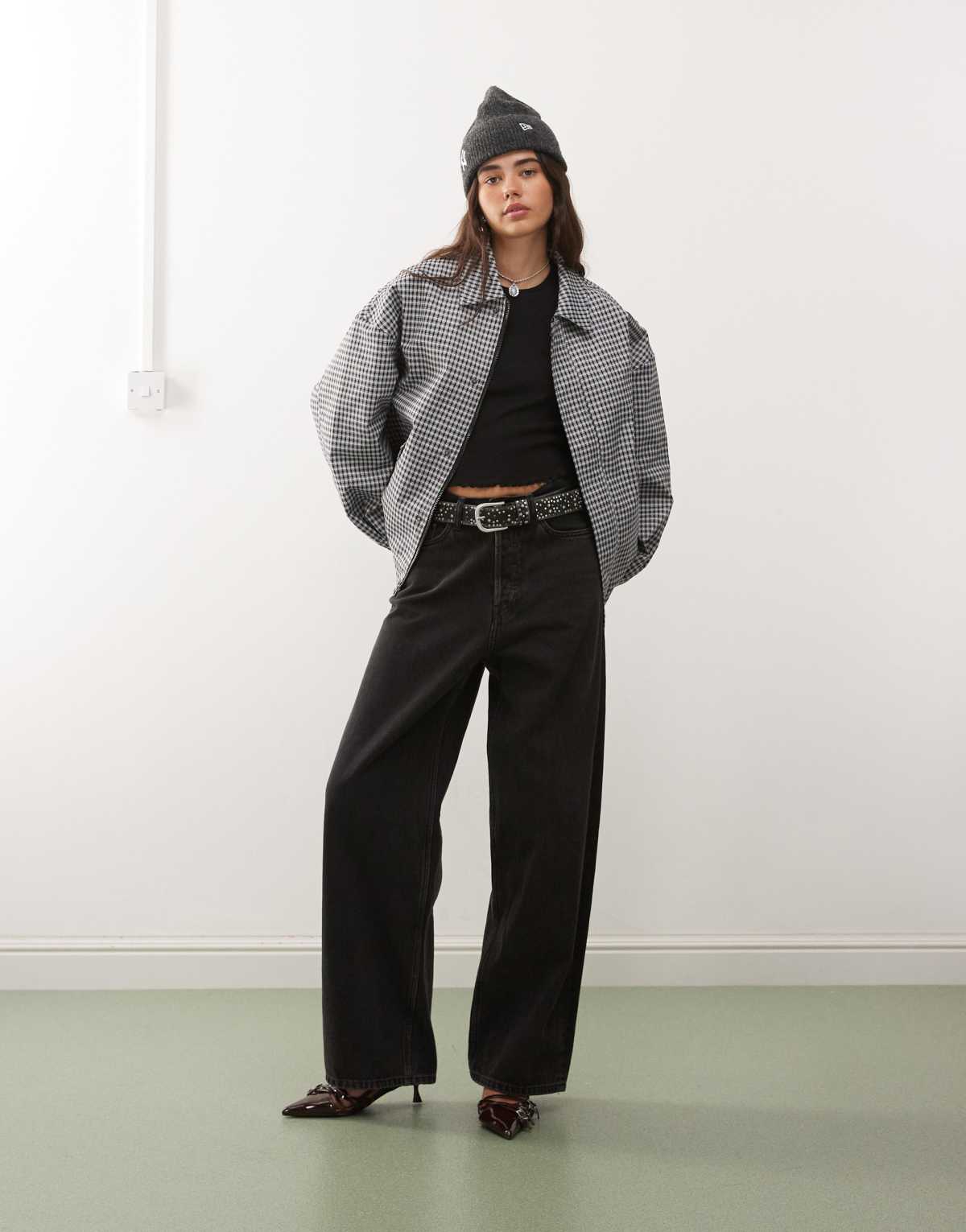 Lioness Kenny collar detail oversized bomber jacket in navy check
