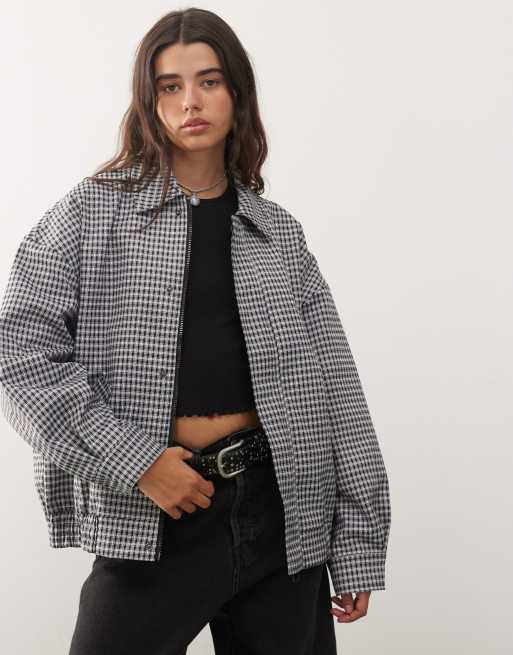 Lioness Kenny collar detail oversized bomber jacket in navy check, 3 of 4