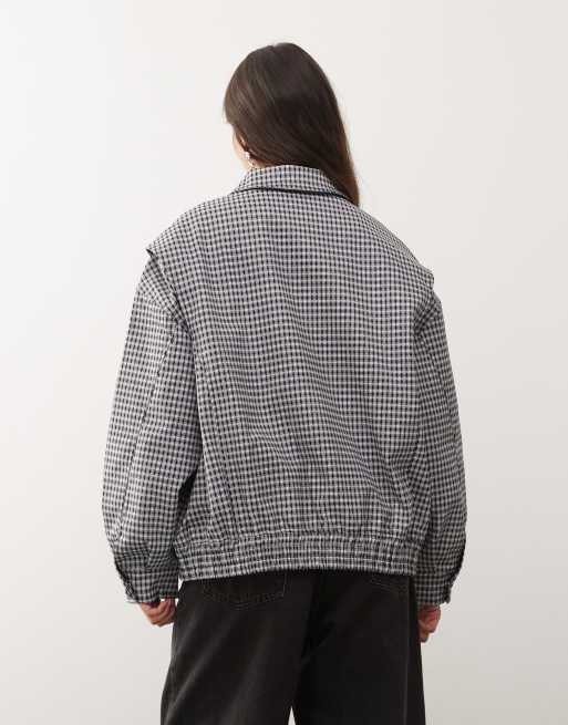 Lioness Kenny collar detail oversized bomber jacket in navy check, 4 of 4