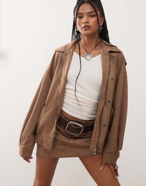 Lioness Kenny faux suede collared bomber jacket in light tan - view 1