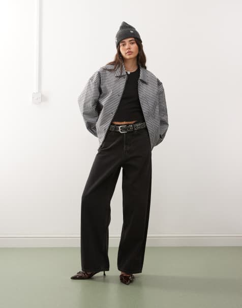 Lioness Kenny collar detail oversized bomber jacket in navy check