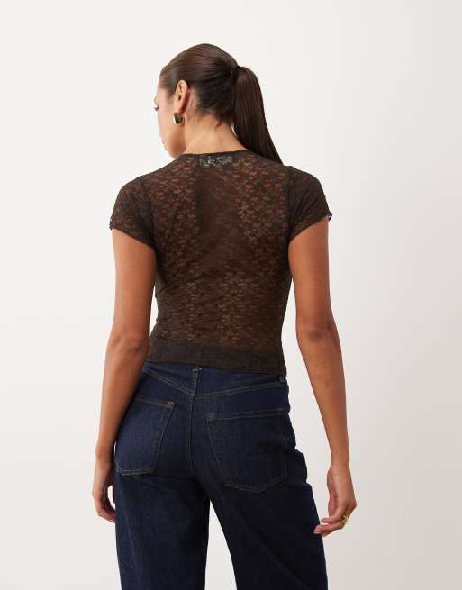 Lioness keyhole cap sleeve lace top in chocolate brown, 4 of 4