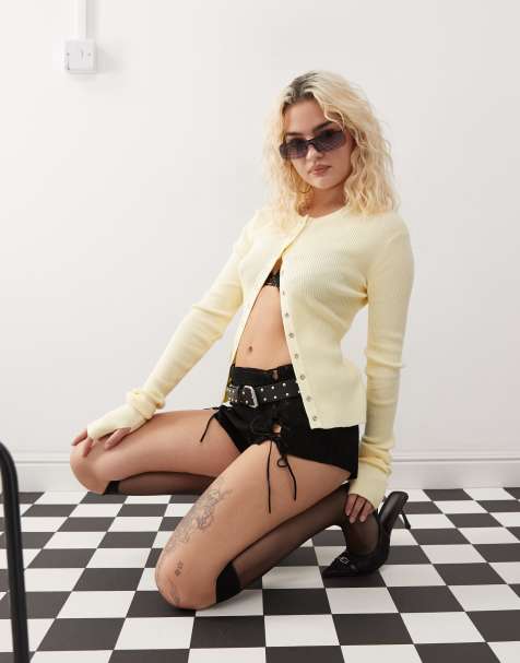 Lioness knit long sleeve popper front knit top in butter yellow - view 1