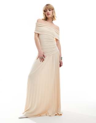 Lioness Knit Ruched Bardot Drop Waist Pleated Maxi Dress In Beige-neutral