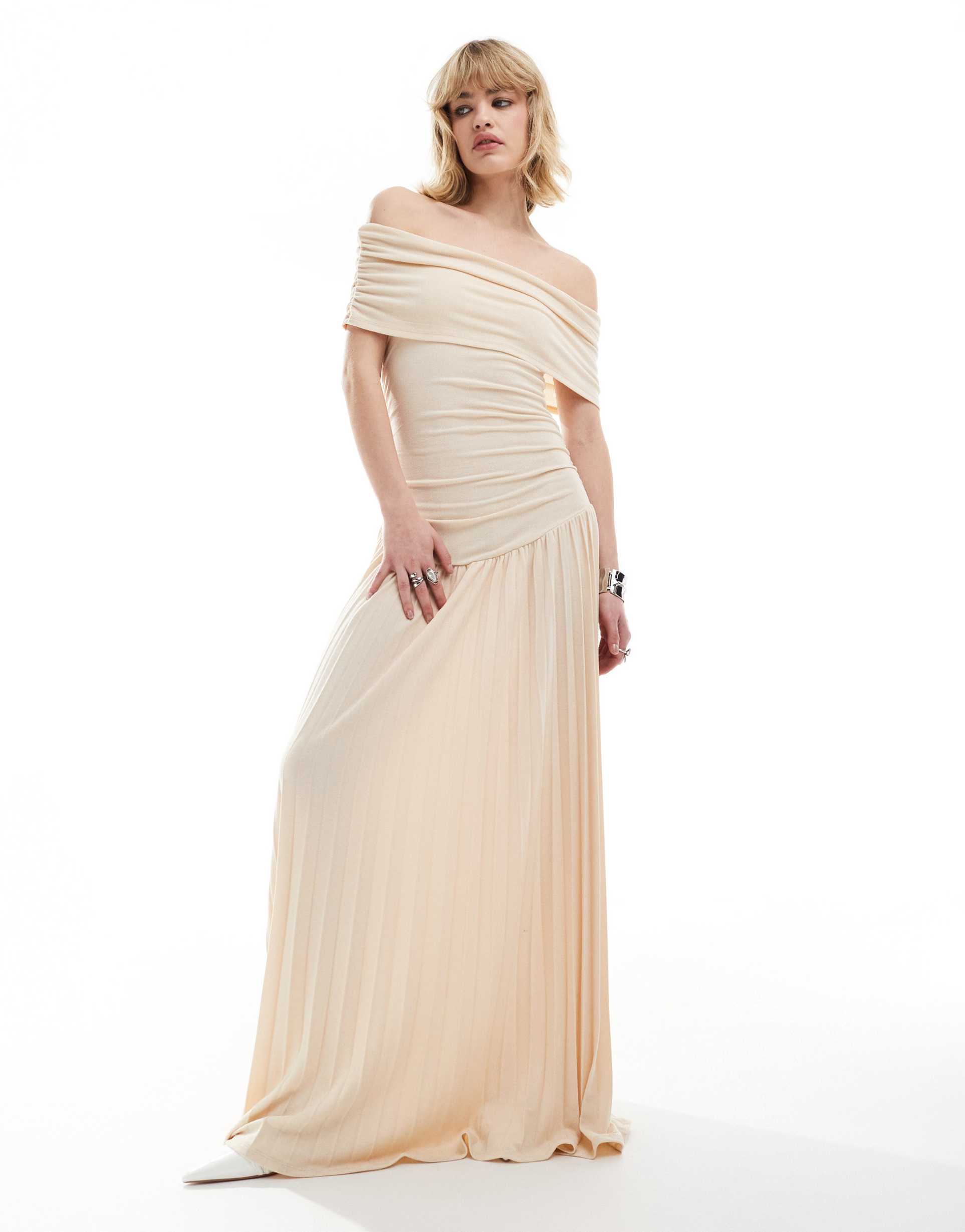 lioness knit ruched bardot drop waist pleated maxi dress in beige