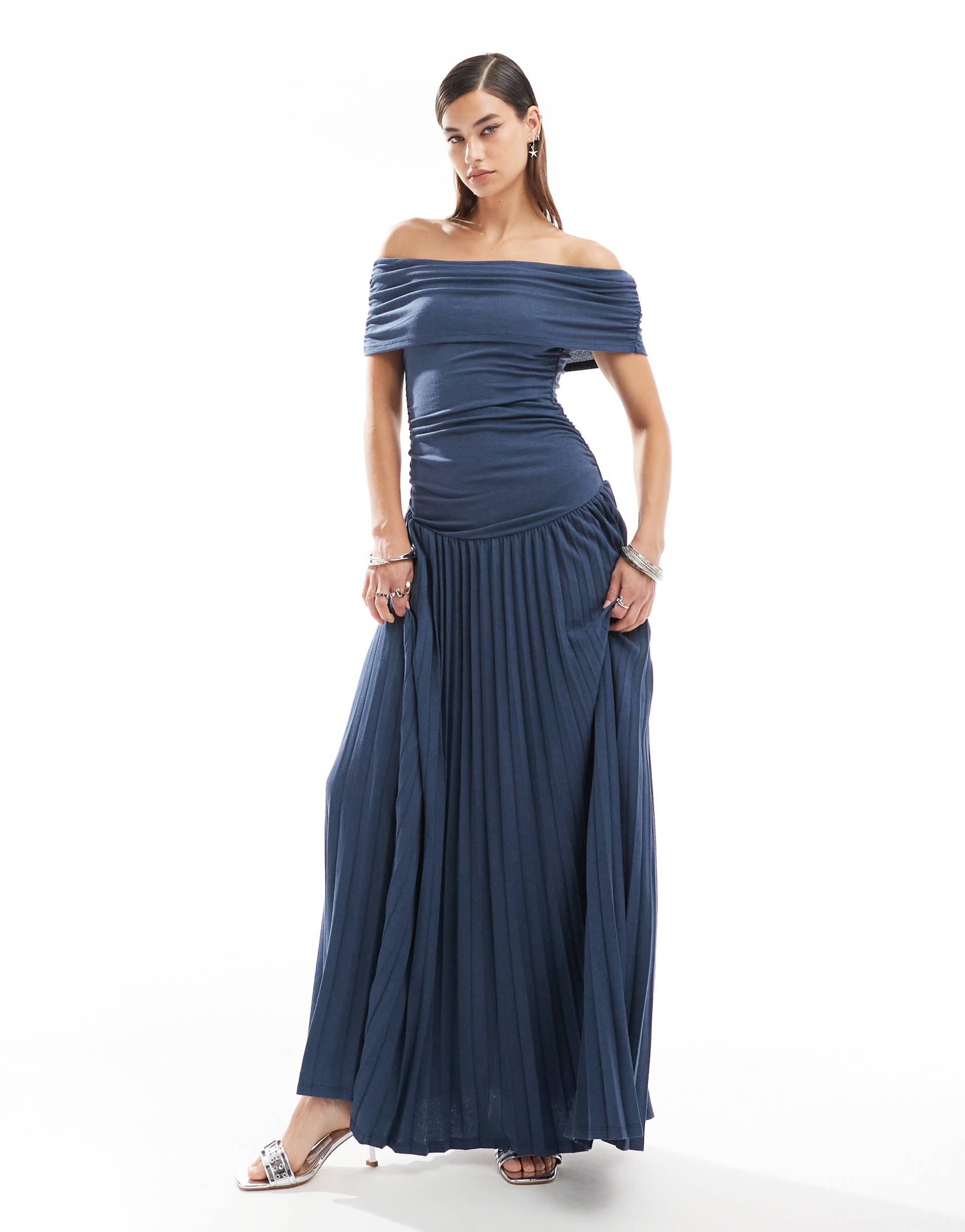 lioness knit ruched off the shoulder drop waist pleated maxi dress in navy