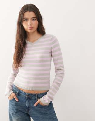 Lioness knitted v neck jumper in soft pink stripe-Multi