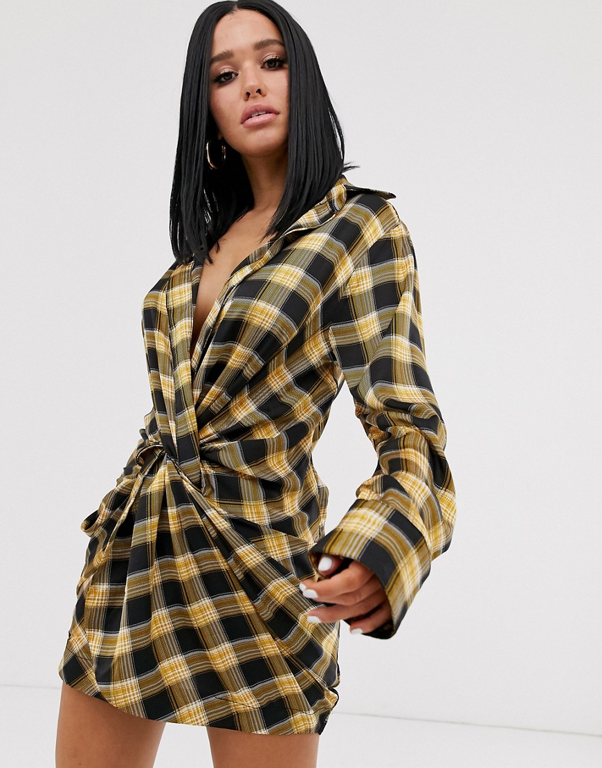 Lioness knot front plunge shirt dress in yellow check print-Multi