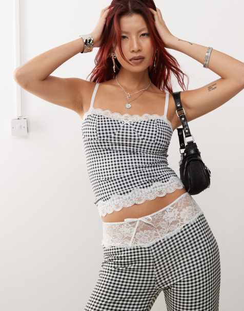 Lioness - Korset cami top met kanten rand in zwart-witte gingham ruit, deel van co-ord set - view 1