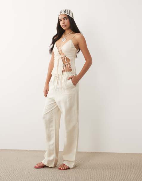 Lioness La Palma linen rich tie waist wide leg pants in ivory - part of a set - view 1
