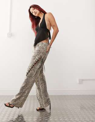 Lioness lace up ribbon jean in faded leopard print-Multi