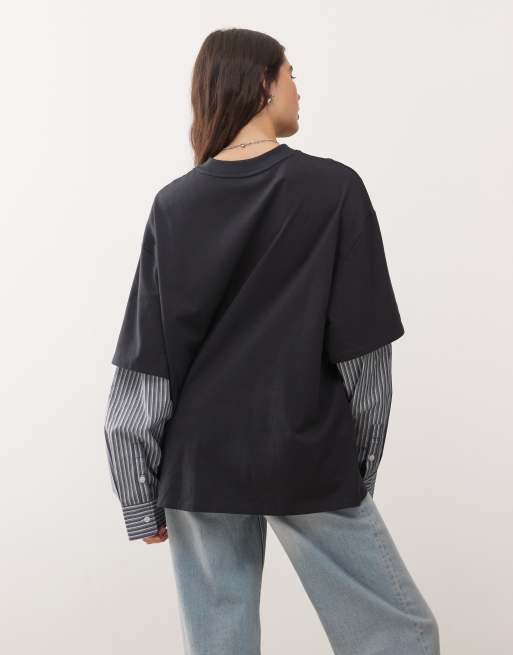 Lioness – Langärmliges 2-in-1-Hemd in Anthrazit gestreift mit T-Shirt-Overlay mit Oversize-Schnitt, 3 von 4